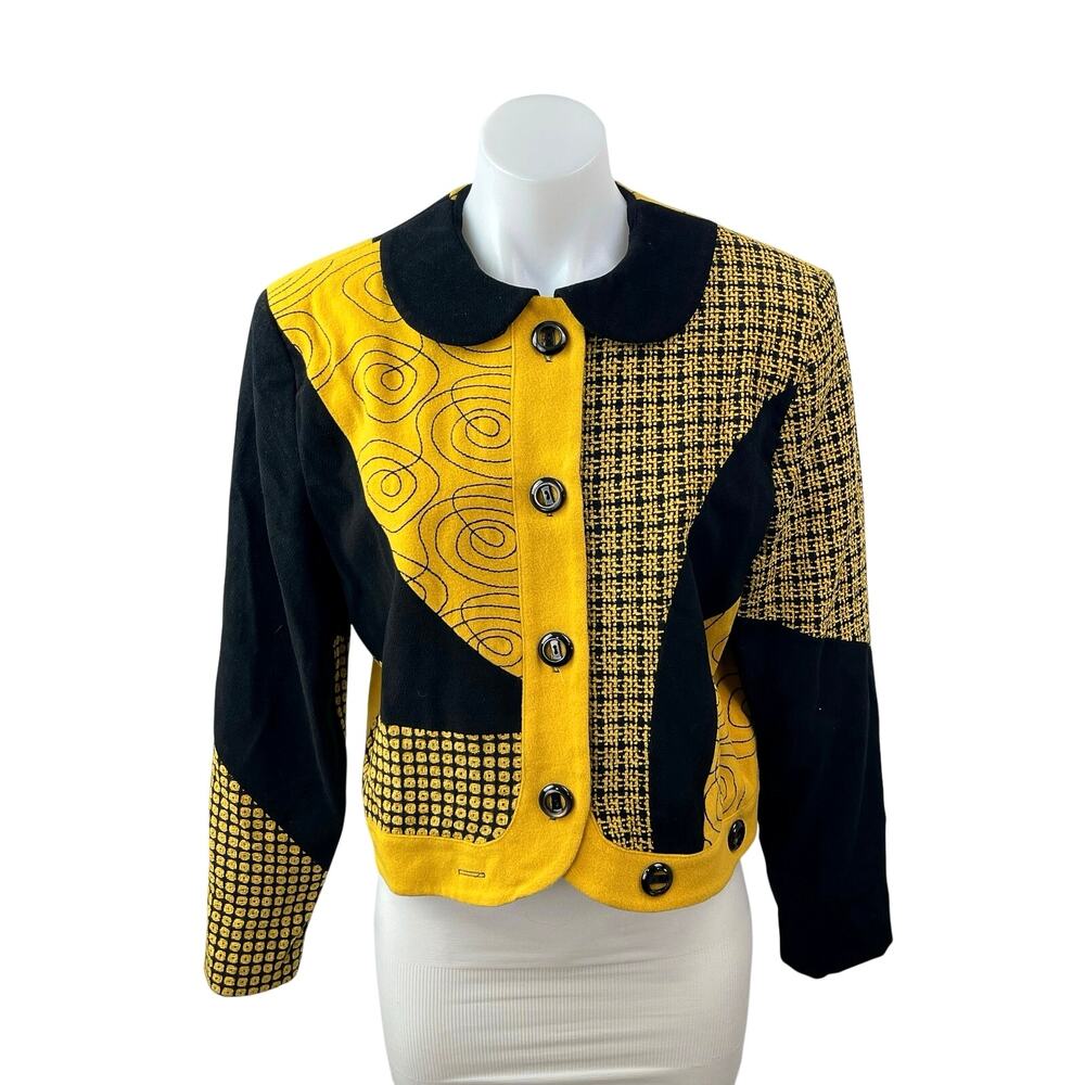 CanvasBacks Women's Wool Abstract Colorblock Patchwork Crop Blazer Coat Jacket M